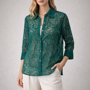 Mirasol Kelly Green Burnout Sheer Blouse L Women Textured Button Front Boho Art